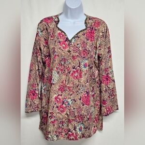Only You XL Top Pullover Long Sleeve Lightweight Beaded Neck Floral